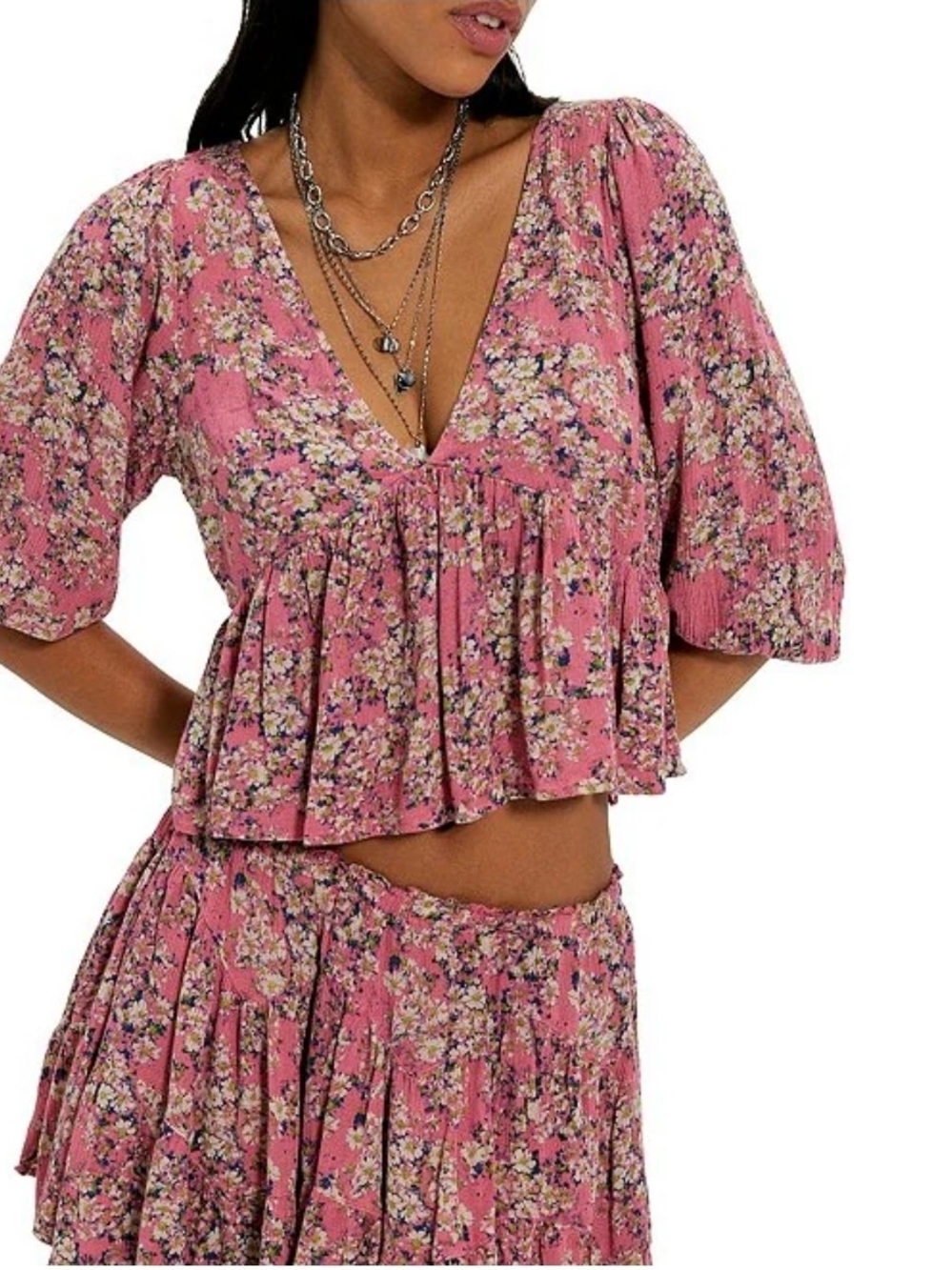 Free People Perishing Printed Skirt Set Pink Floral Boho Tiered Peplum NWT -M